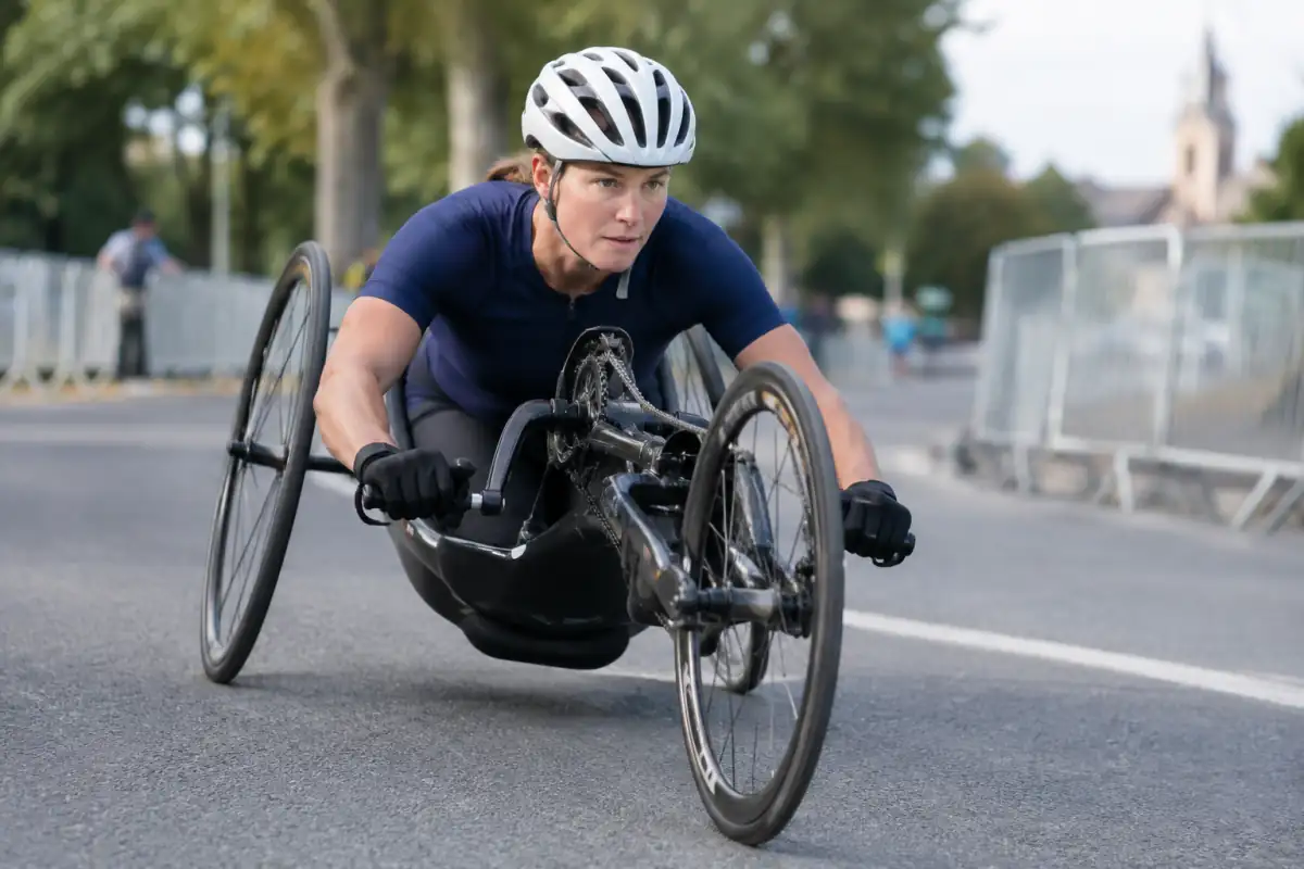 Athlète de para-triathlon propulsant un handbike sur une route fermée lors d’une épreuve cycliste.