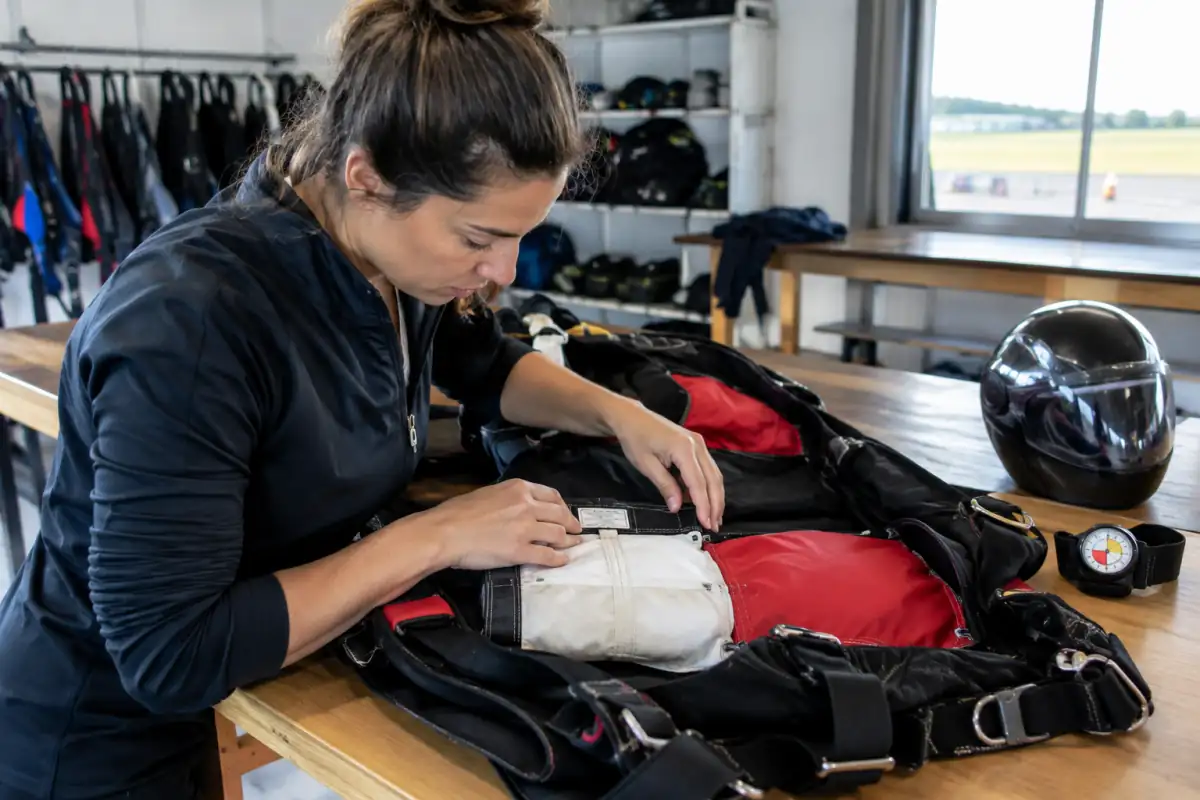 Un professionnel vérifie un sac-harnais de parachutisme près d’un casque et d’un altimètre avant un achat ou un saut.