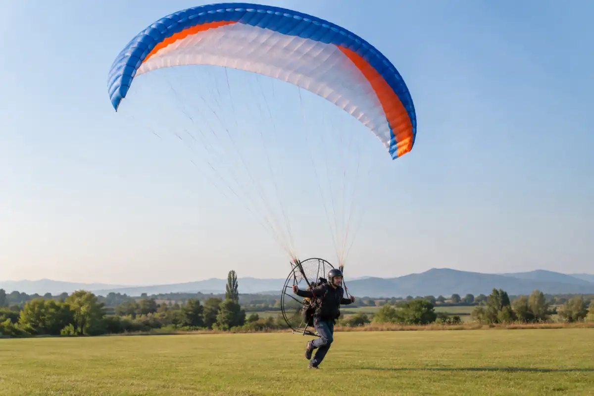 Un pilote de paramoteur court sur un terrain dégagé, son aile gonflée au-dessus de lui et le moteur protégé par une cage.
