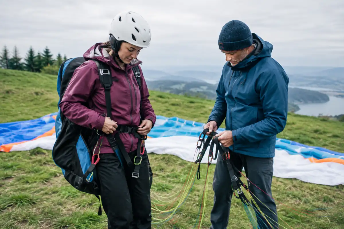Un pilote débutant ajuste sa sellette tandis qu’un moniteur vérifie l’aile et les suspentes avant un vol de parapente.