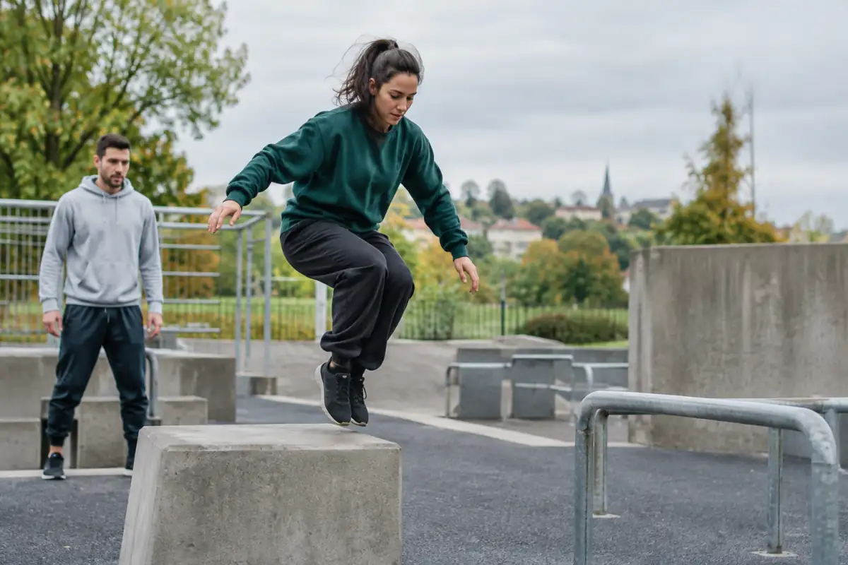 Une pratiquante de parkour stabilise la réception d’un saut de précision sur un module bas, sous le regard d’un coach.