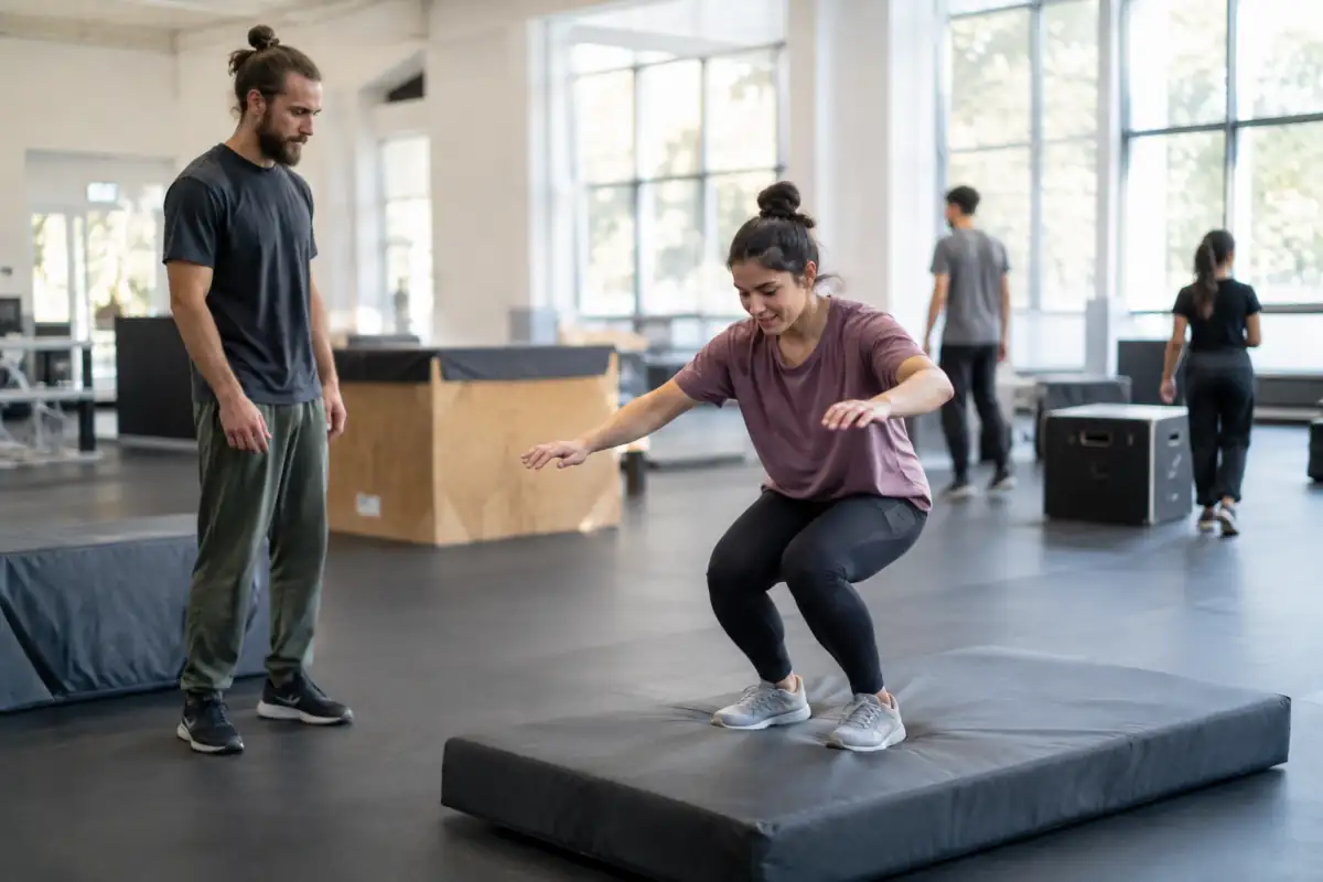 Un adulte débutant répète une réception de petit saut sur un tapis, sous le regard attentif d’un encadrant de parkour.