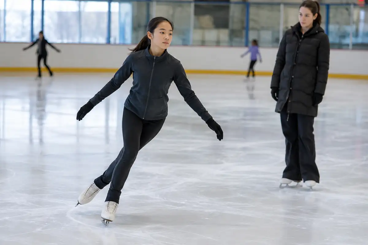 Débutant en patinage artistique travaillant une glisse sur un pied, genou fléchi, sous le regard d’un entraîneur sur une glace dégagée.