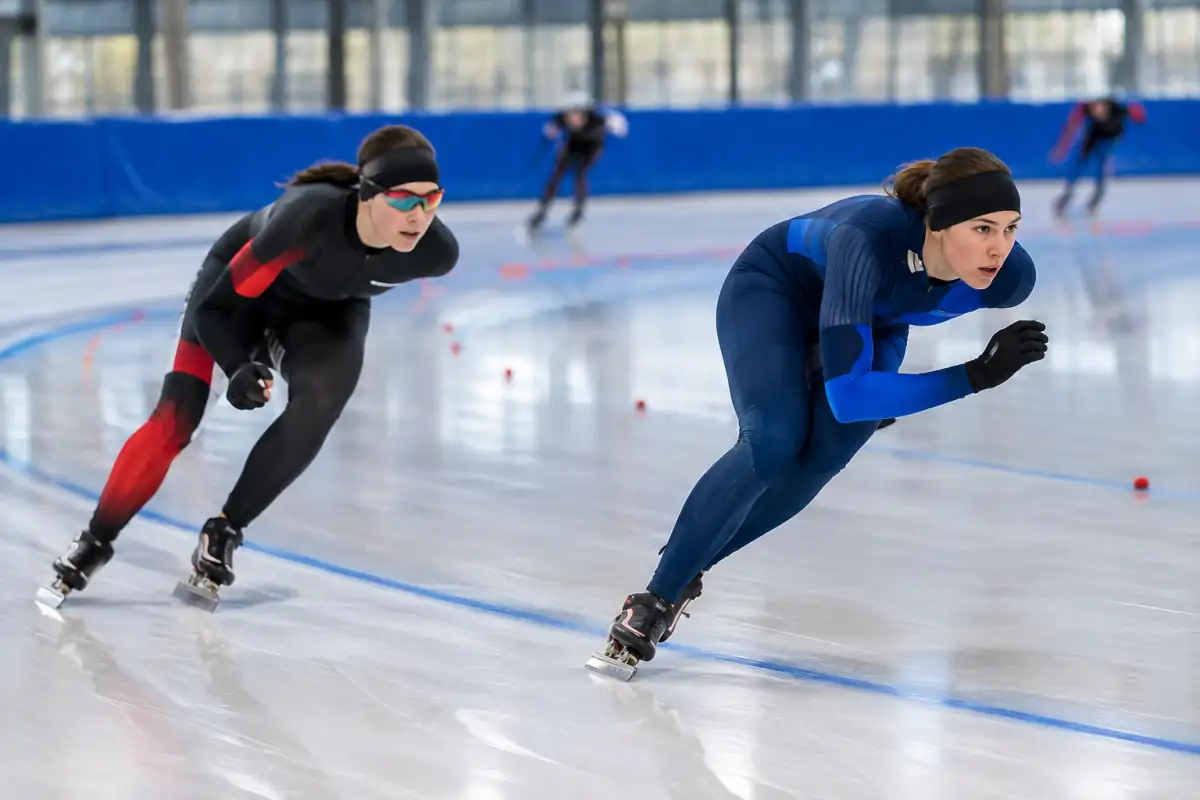 Deux patineurs de vitesse en position basse négocient un virage sur une piste de glace longue piste de 400 mètres.