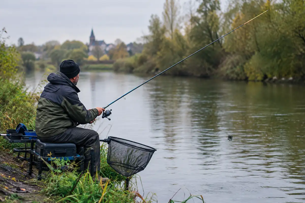 Pêche au feeder au bord d’une rivière française : un pêcheur assis lance une cage d’amorçage avec une canne à scion sensible.