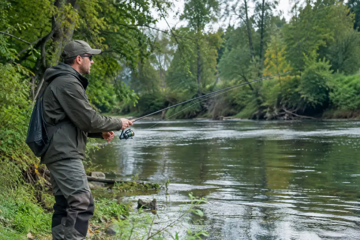 Pêche aux leurres du bord d’une rivière française, un pêcheur lance sa canne spinning vers une berge ombragée.