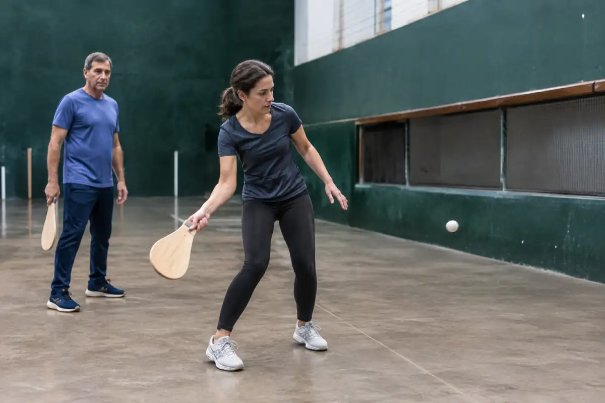 Adulte débutant en initiation de pelote basque dans un trinquet, prêt à renvoyer une balle avec une paleta prêtée.
