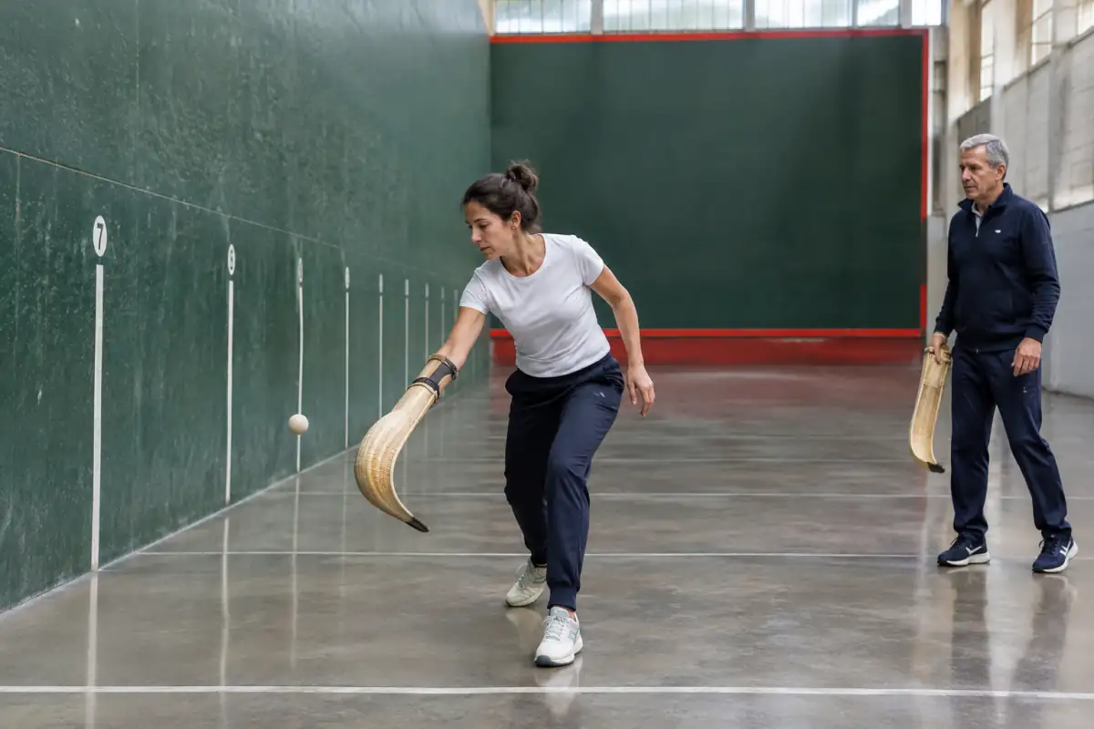 Débutant en cesta punta travaillant la réception de la pelote avec une cesta dans un long fronton à mur gauche.