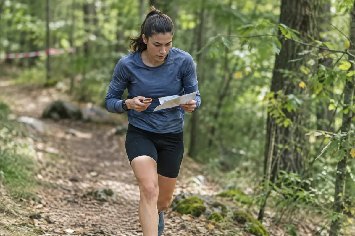 Une participante au pentathlon aéronautique consulte sa carte et sa boussole pendant une épreuve d’orientation en forêt.