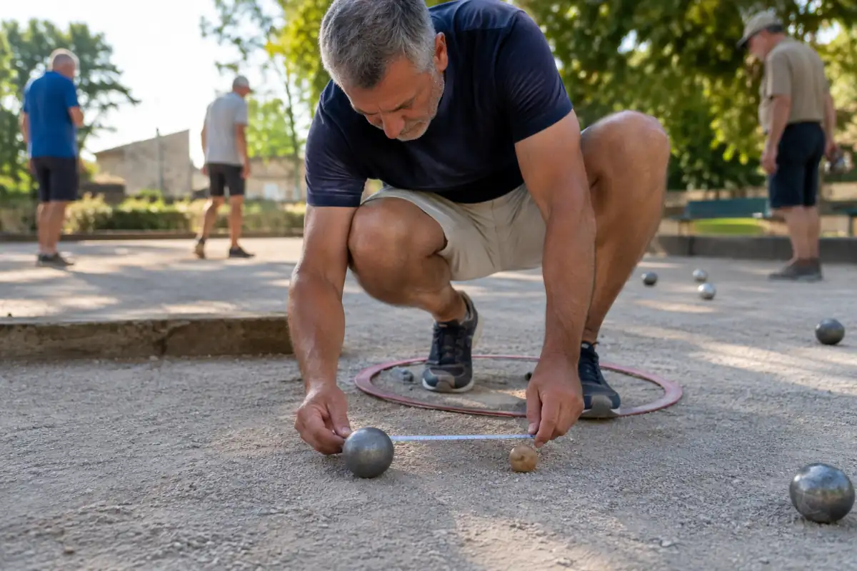 Un joueur mesure avec précision l’écart entre une boule et le cochonnet sur un terrain de pétanque gravillonné.