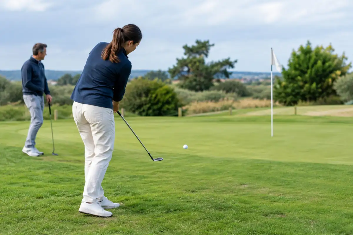 Un joueur exécute une approche au pitch and putt vers le green d’un parcours court, tandis qu’un partenaire attend à distance.
