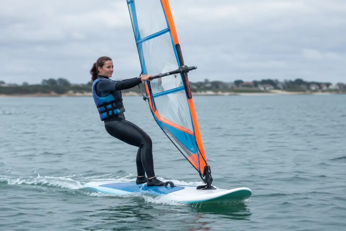 Une véliplanchiste tient le wishbone et dirige sa voile sur une planche à voile en glisse dans une baie calme.
