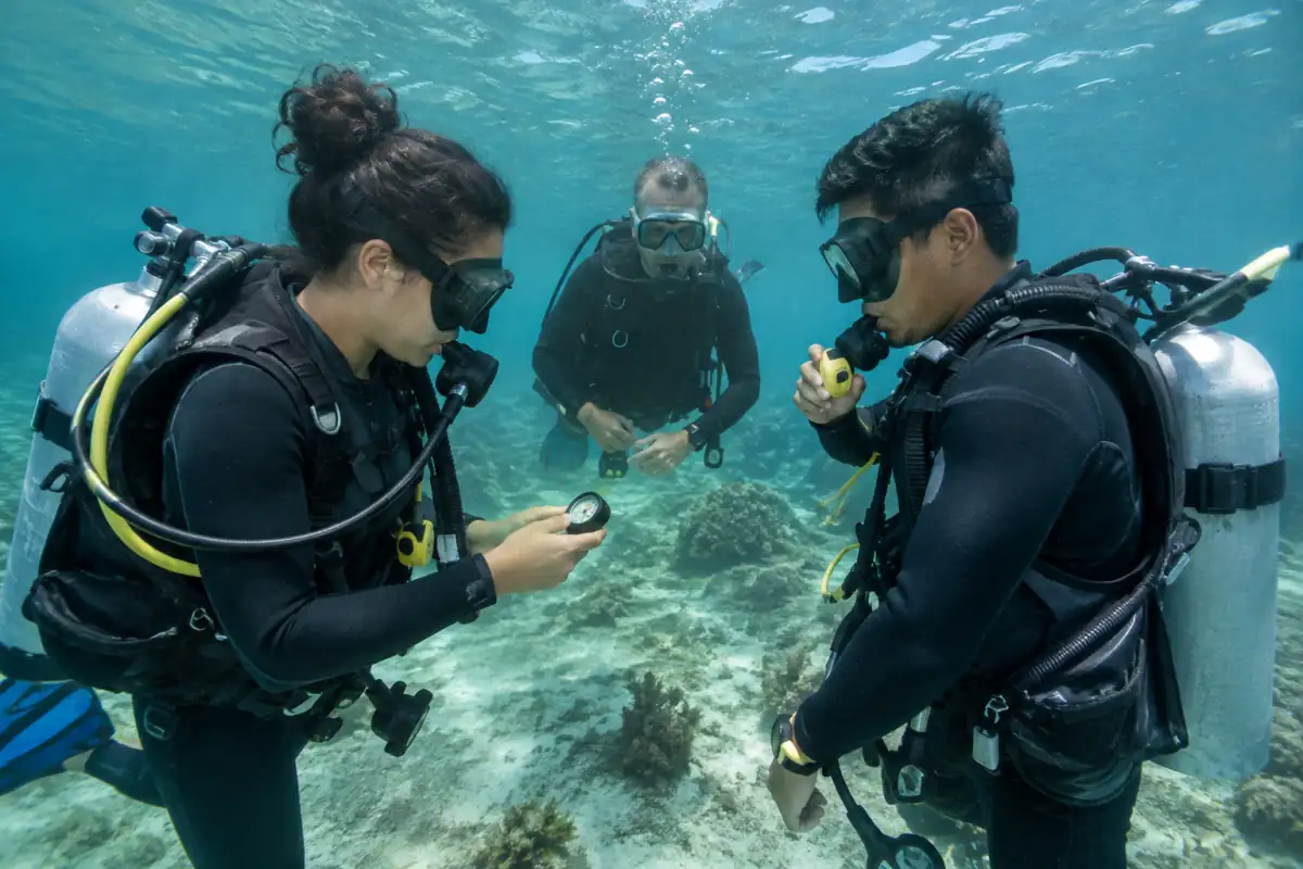 Deux plongeurs vérifient ensemble leur manomètre et leur détendeur de secours sous l’eau avant de poursuivre leur plongée.
