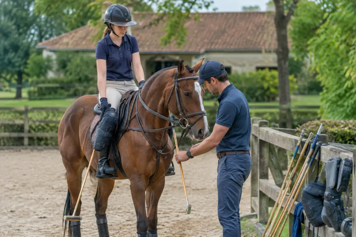 Débutant à cheval au polo, équipé d’un casque attaché, de genouillères et de bottes, pendant l’essai d’un maillet.
