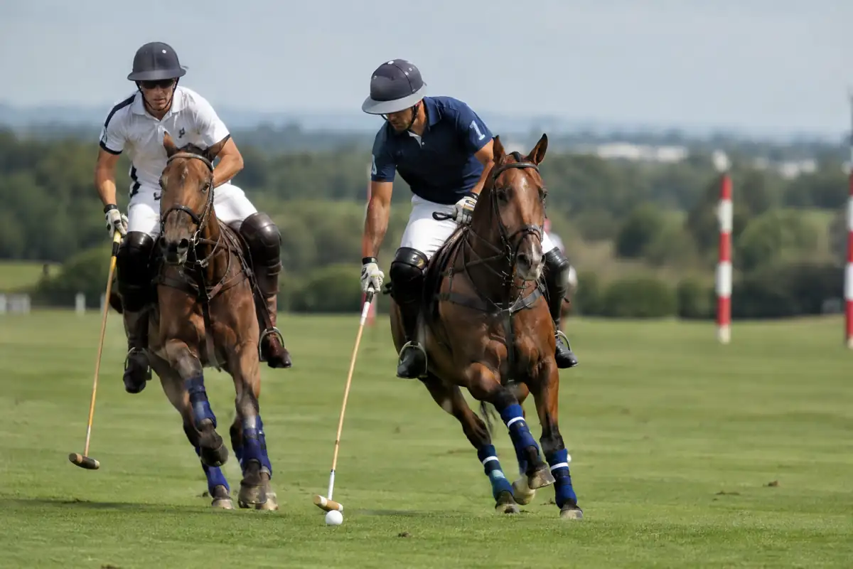 Deux joueurs de polo à cheval suivent la ligne de la balle, illustrant un ride-off maîtrisé et le respect de la priorité de passage.