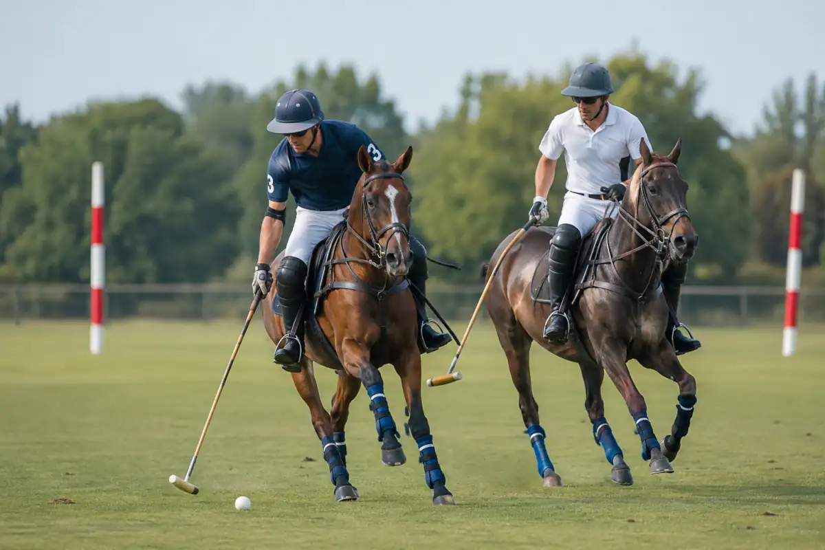 Deux joueurs de polo avancent côte à côte près de la balle sur un terrain en herbe, illustrant le ride-off.