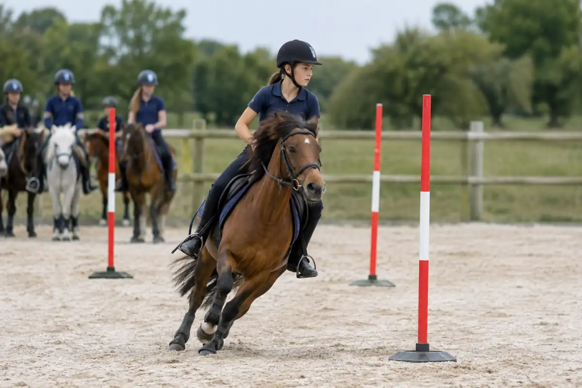 Une cavalière en casque slalome entre des piquets à poney pendant une épreuve de pony-games sur le terrain d’un club.
