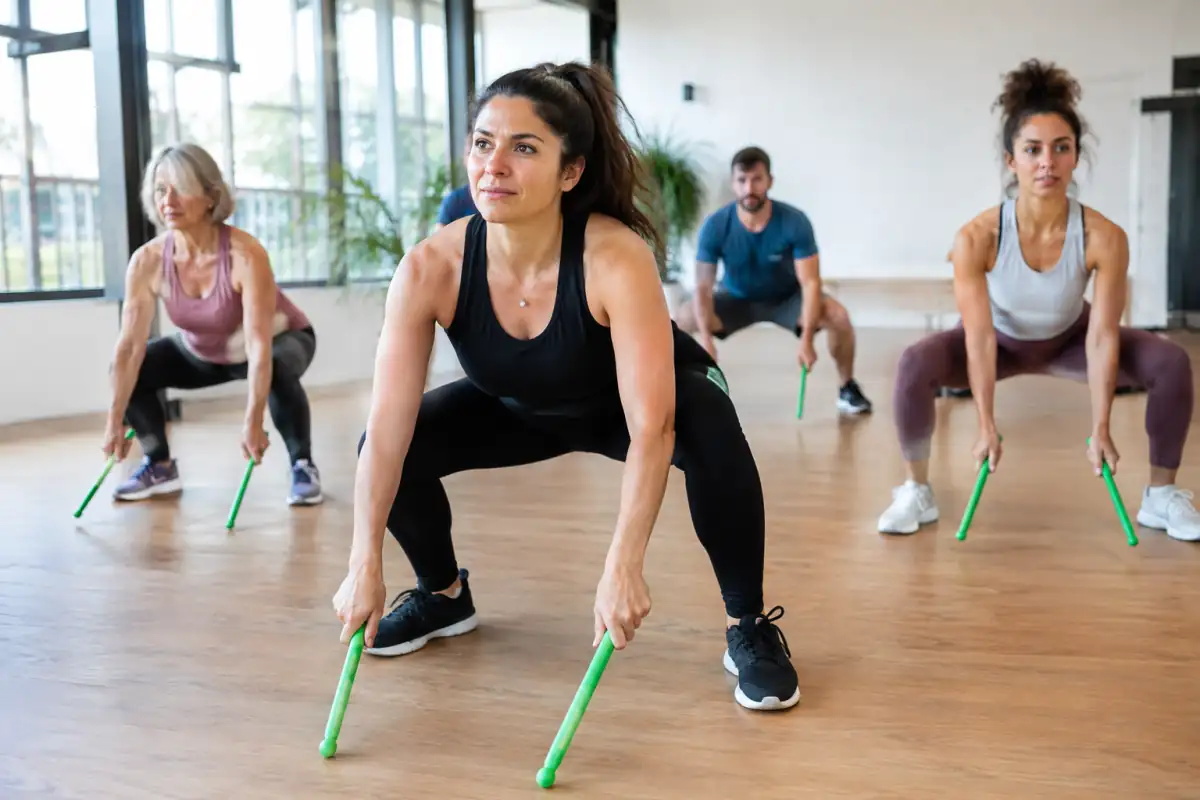 Cours de Pound fitness en studio : une participante réalise une frappe au sol avec ses baguettes légères pendant un squat.