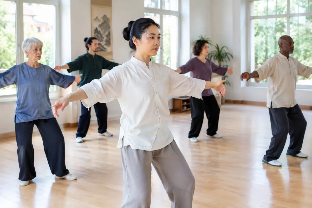 Pratiquants exécutant un mouvement d’ouverture des bras du qi gong des cinq animaux dans une salle lumineuse.