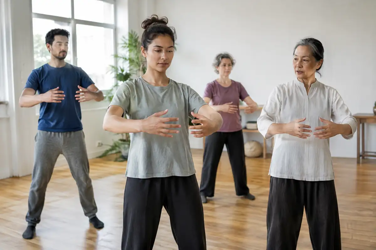 Débutante en qi gong en posture debout, genoux souples et bras arrondis, pendant une explication de l’enseignant.