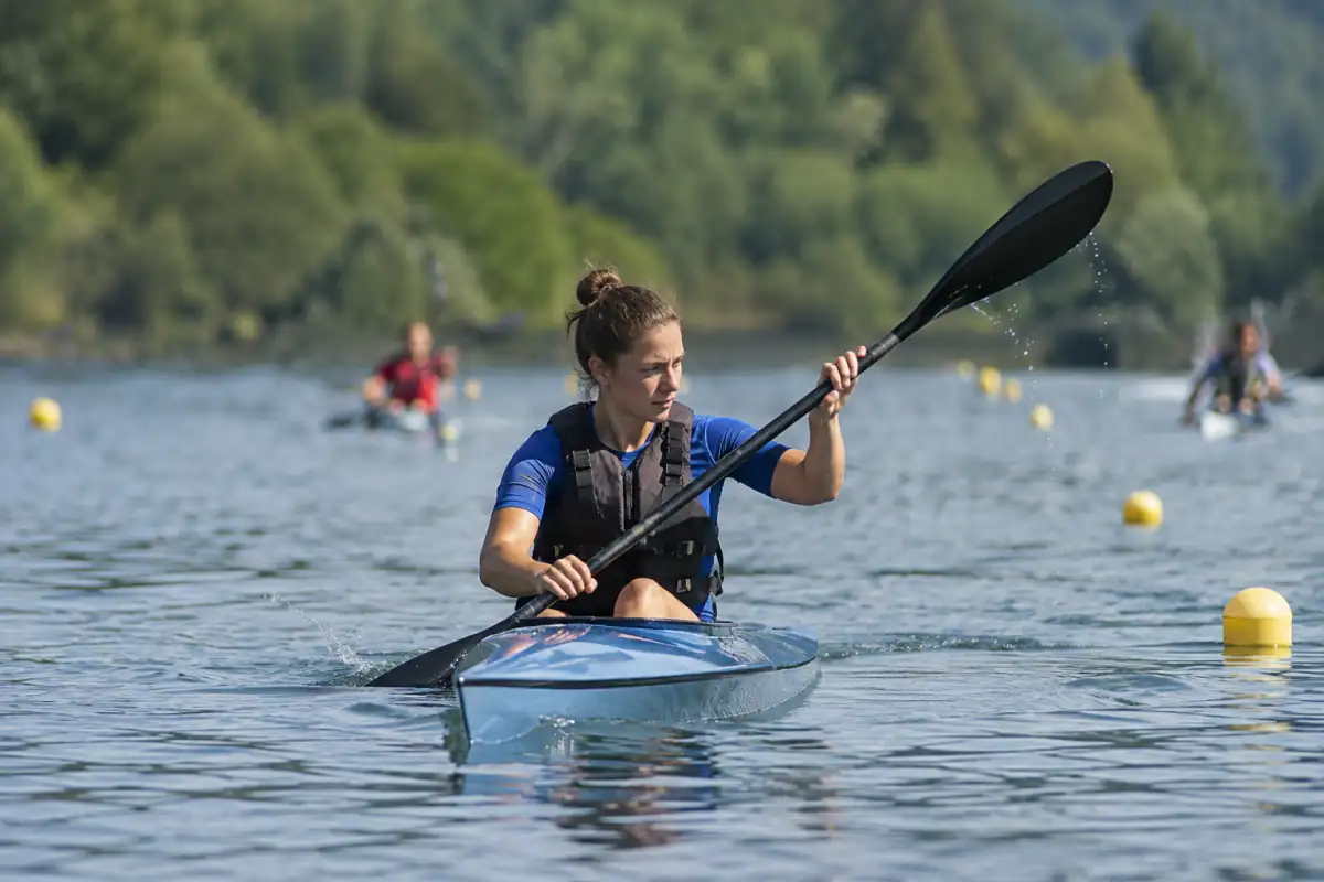 Un participant en gilet pagaye en kayak sur un lac lors d’une épreuve de quadrathlon.
