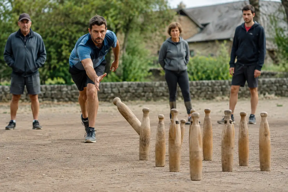 Un joueur lance la quille de main vers les neuf quilles de bois lors d’une partie de quilles de huit en Aveyron.