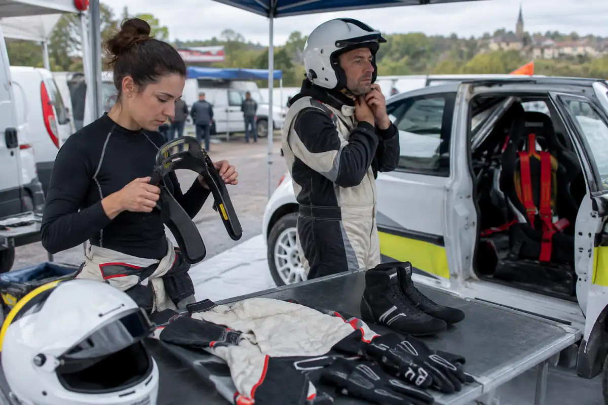 Pilote et copilote vérifient casque, système FHR et tenue de sécurité près d’une voiture de rallye préparée.