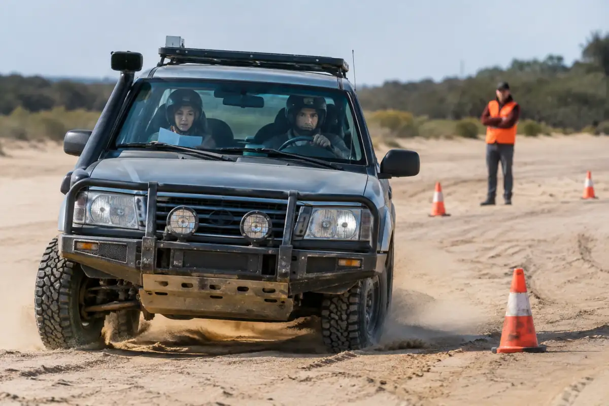 Un pilote travaille ses trajectoires sur sable tandis que son copilote suit un roadbook d’entraînement sur un circuit fermé.