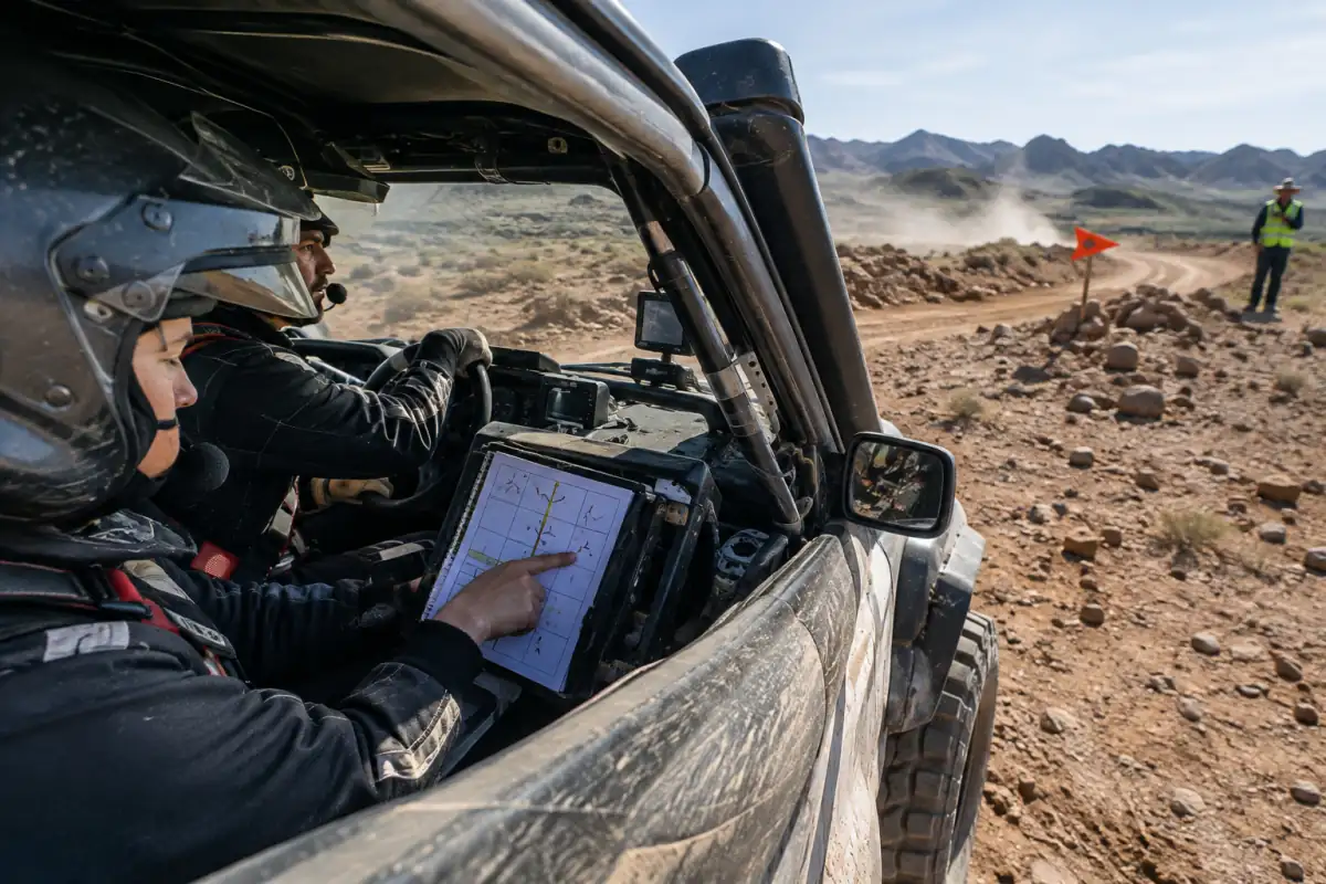 Un copilote consulte le roadbook dans un 4x4 de rallye-raid à l’approche d’un carrefour contrôlé sur une piste désertique.