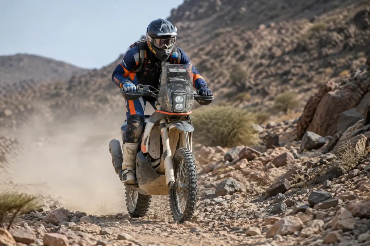 Un pilote de rallye-raid moto suit son roadbook sur une piste rocailleuse au guidon d’une moto équipée pour la navigation.