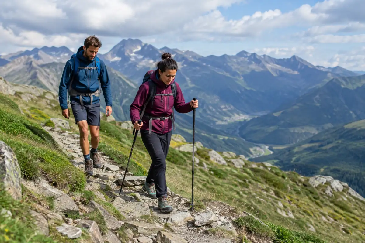 Deux randonneurs progressent prudemment sur un sentier rocheux de randonnée alpine dans les Alpes françaises.