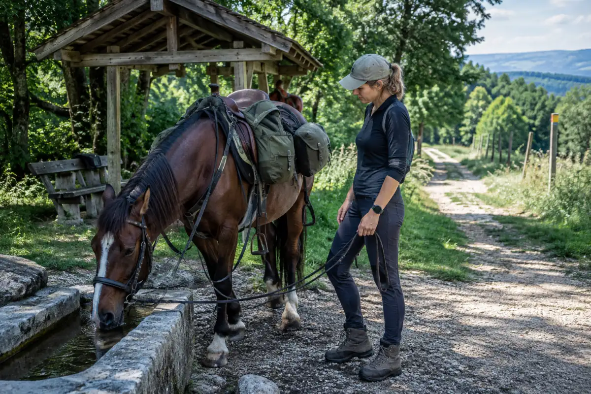 Un cheval de randonnée aux fontes équilibrées boit à un point d’eau pendant une étape sur un chemin de campagne.