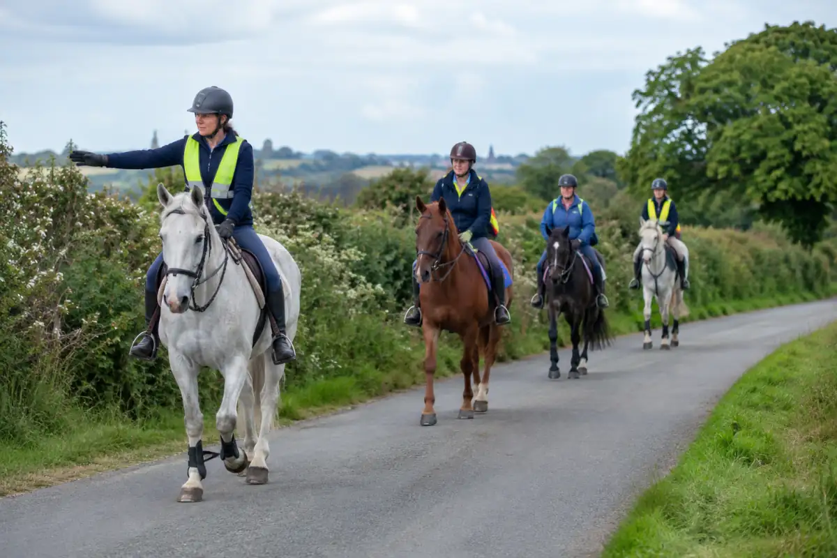 Un groupe de cavaliers en file au pas sur une route rurale, avec des distances régulières et des éléments de haute visibilité.