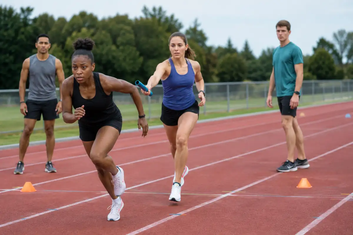 Quatre athlètes s’entraînent au relais 4 × 100 m sur une piste, en travaillant accélération et coordination.