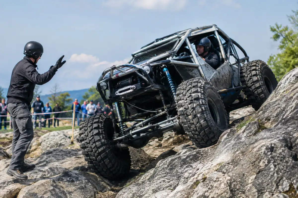Un 4x4 préparé franchit lentement un rocher, guidé par un spotter lors d’une séance de rock crawling.