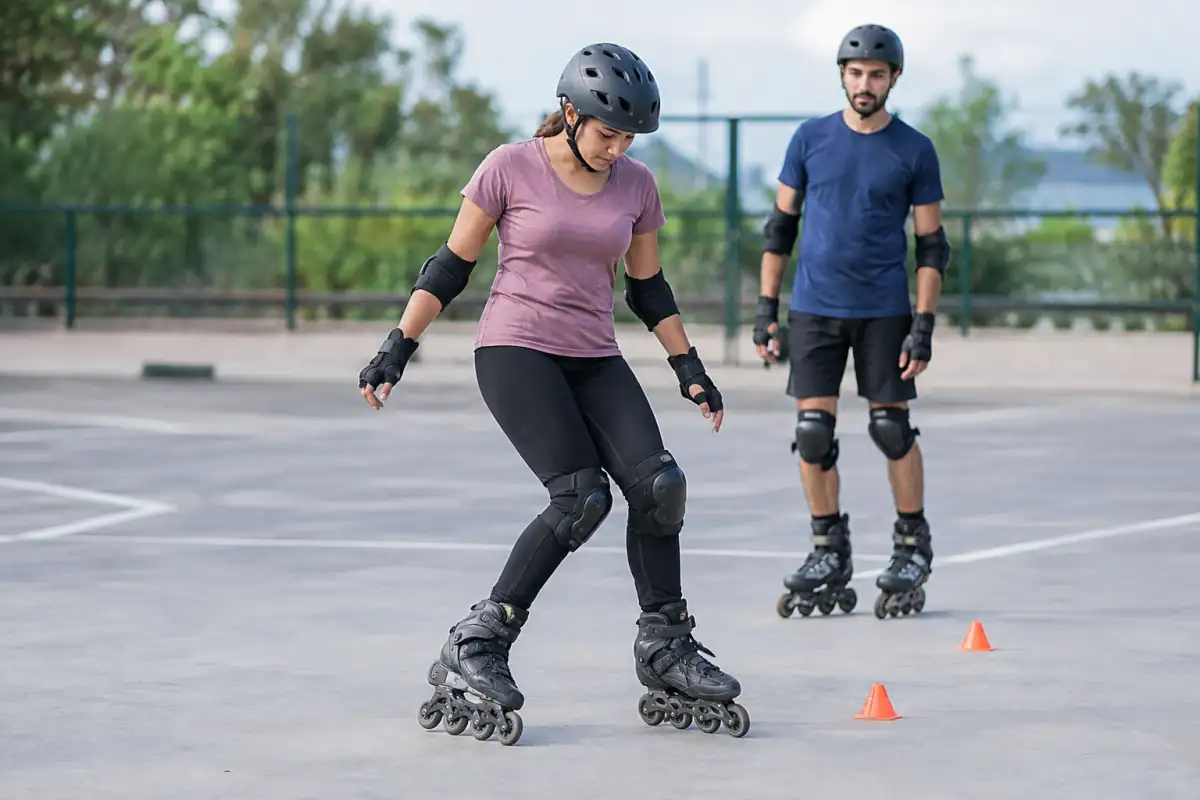 Adulte débutant en roller, protections complètes, qui s’exerce au freinage au talon sur une aire plane avec des plots.