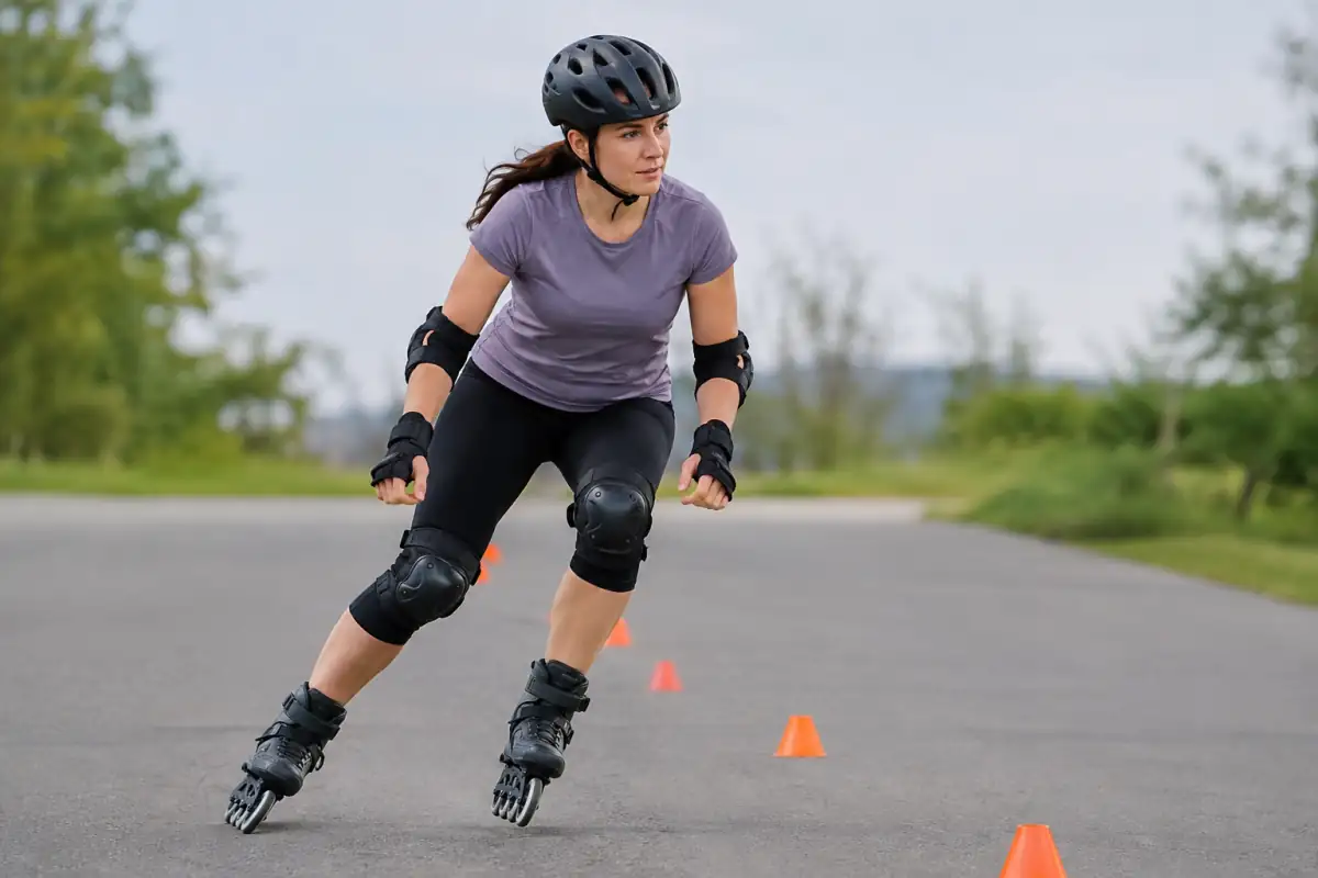 Patineur débutant travaillant sa poussée à allure modérée sur une ligne de cônes espacés, lors d’une séance de roller.
