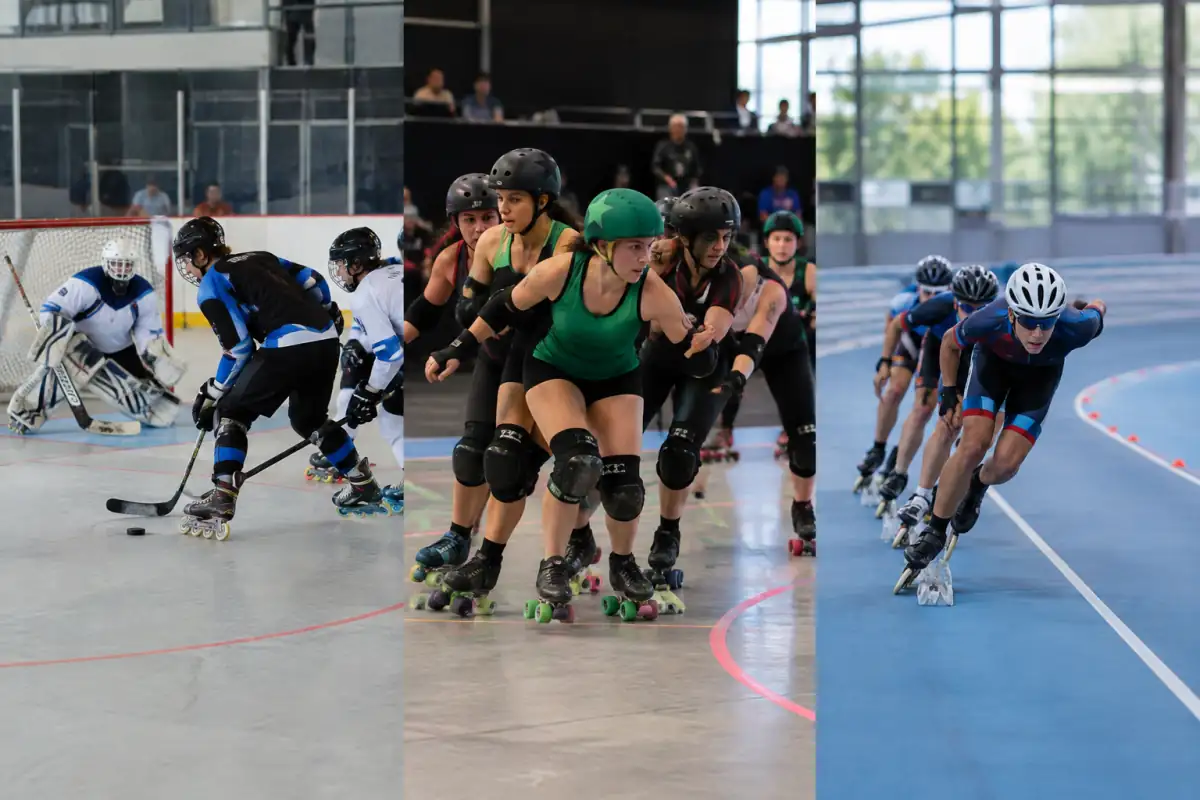 Joueurs de hockey inline, patineurs de roller derby et coureurs en roller illustrent des règles et formats de compétition distincts.