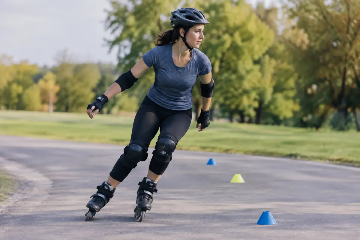 Patineur en ligne fléchi dans un virage, travaillant un freinage progressif près de repères sur une piste dégagée.