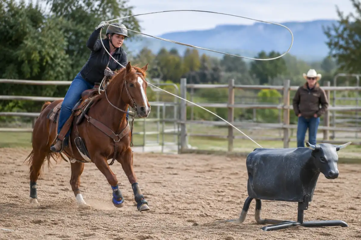 Cavalier en tenue western travaillant un lancer de lasso à cheval sur un mannequin dans une carrière d’entraînement au roping.