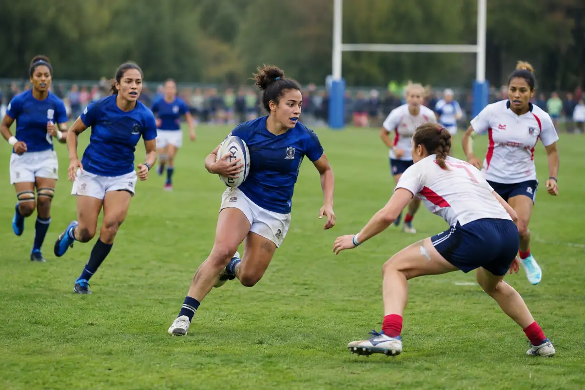 Action de rugby à 7 sur un terrain en herbe, avec un porteur de balle lancé et un défenseur prêt à le plaquer.
