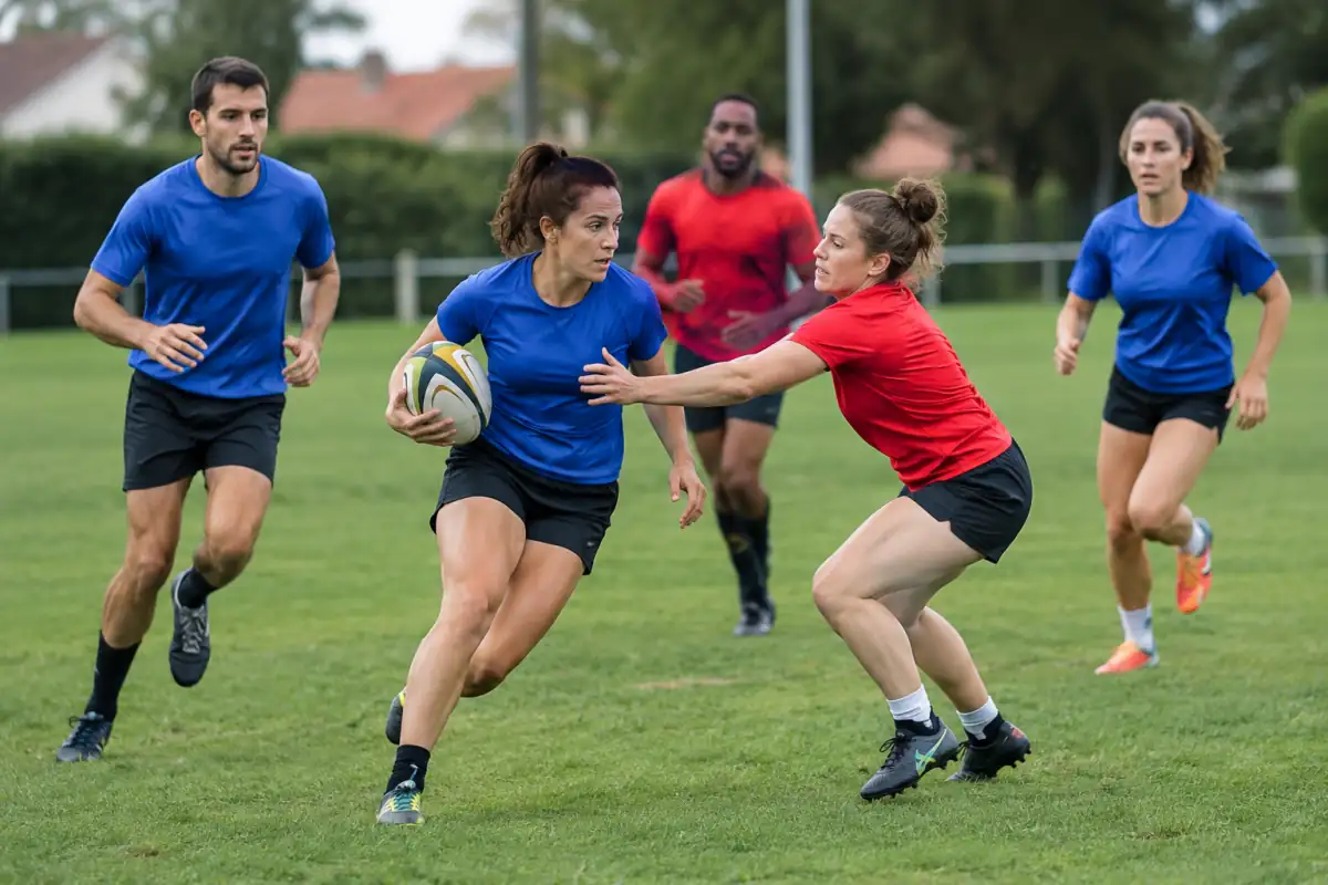 Action de rugby à toucher : une défenseuse effleure le porteur du ballon ovale sur un terrain en herbe.