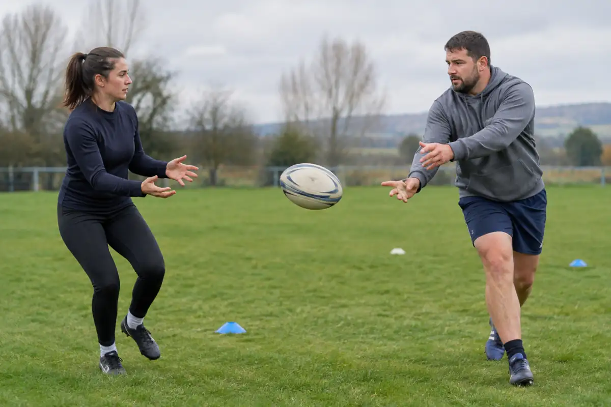 Deux débutants répètent une passe arrière à vitesse modérée sur un terrain de rugby, avec des cônes pour délimiter leur exercice.