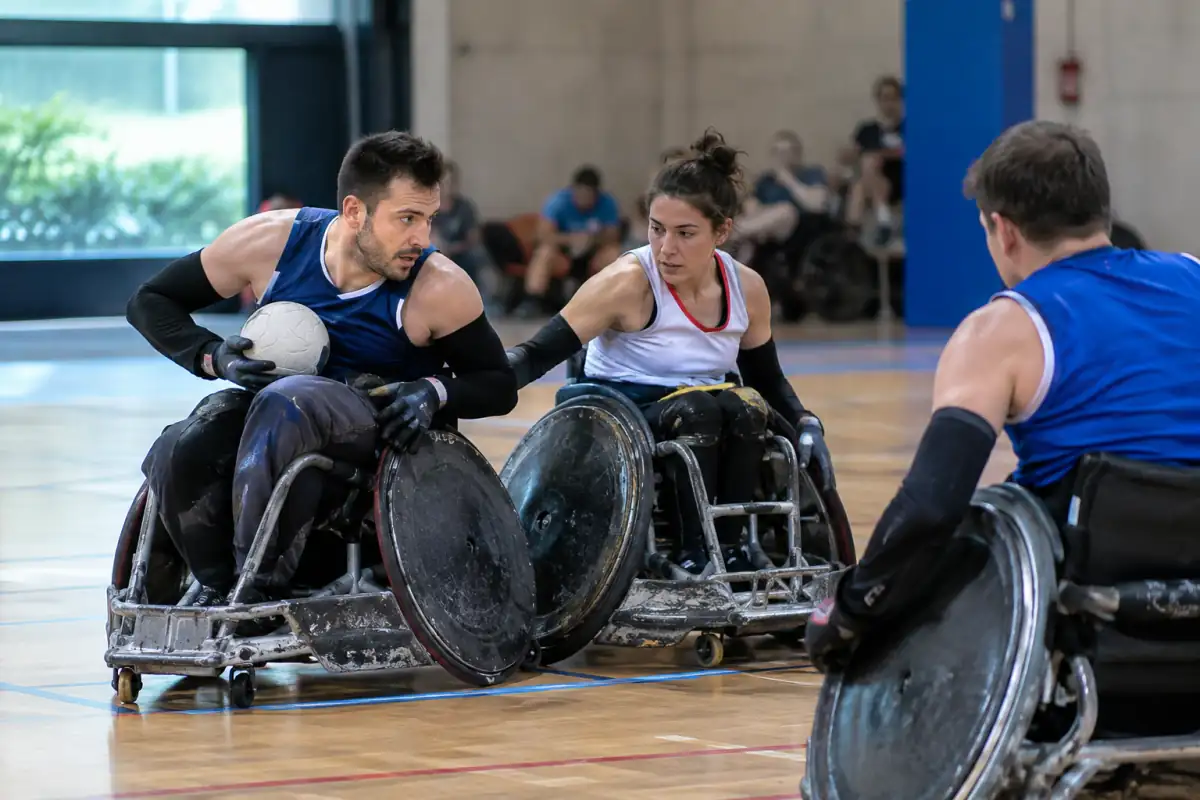 Deux joueurs de rugby fauteuil se disputent un ballon rond sur un parquet, dans leurs fauteuils sportifs renforcés.