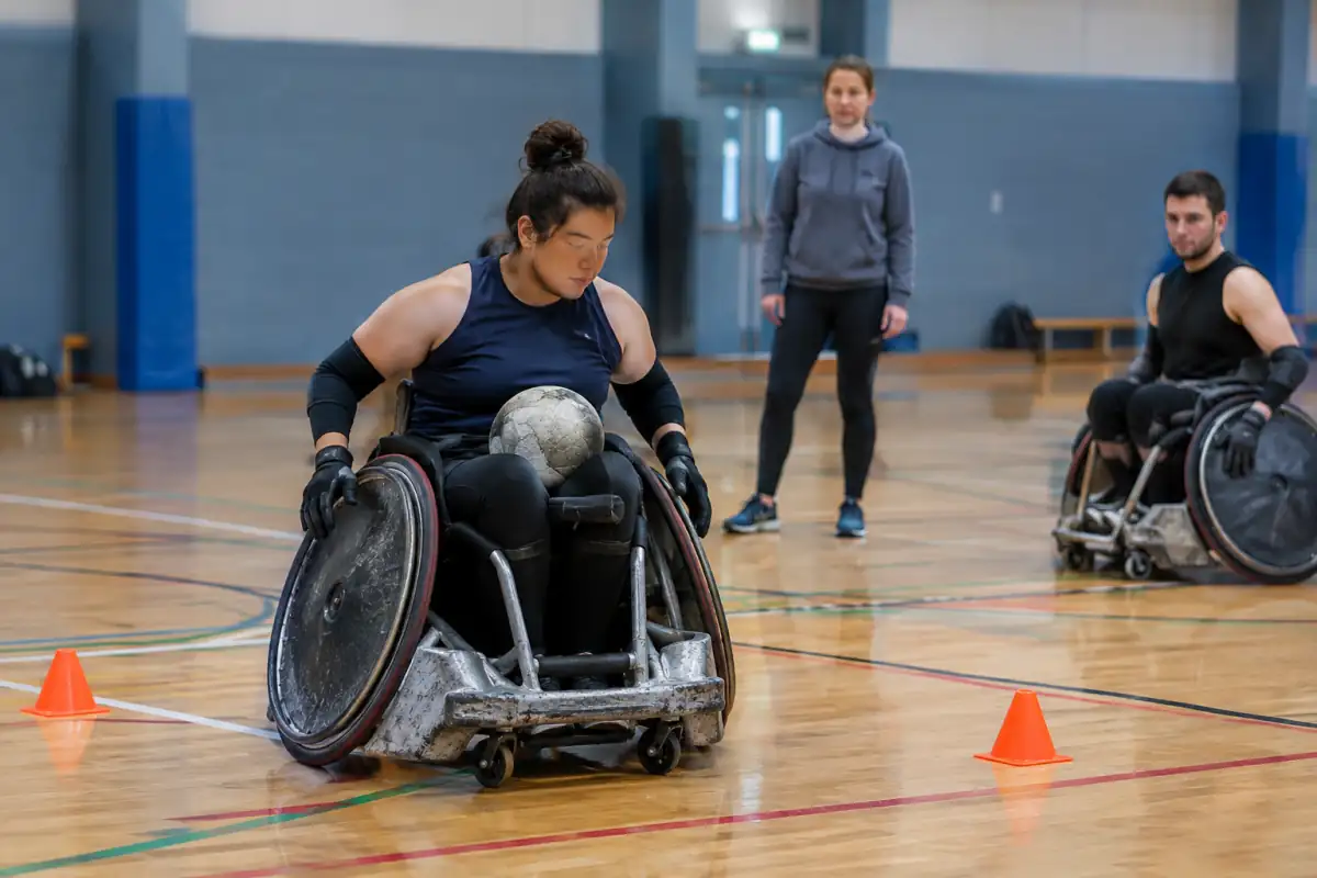Joueur de rugby fauteuil qui freine avant un virage entre des plots, avec le ballon sécurisé sur les genoux.
