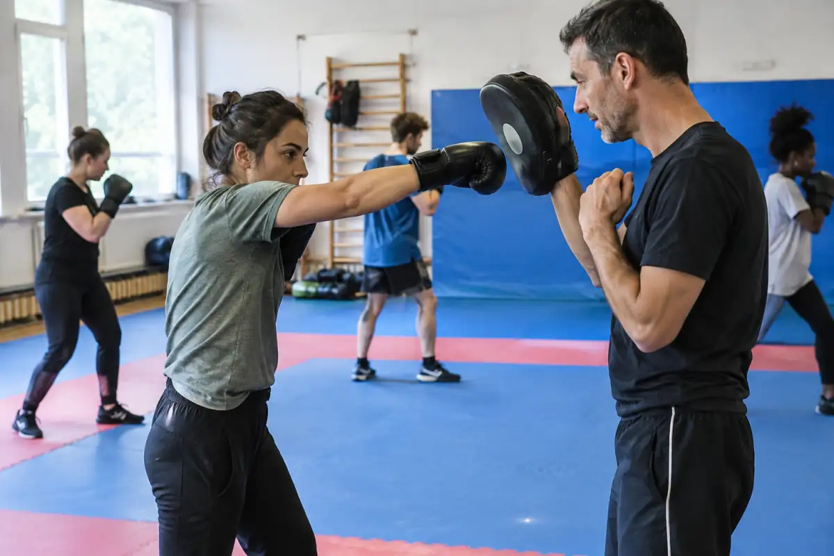 Un débutant apprend le geste du direct sur une cible tenue par un encadrant pendant un cours d’essai de savate.