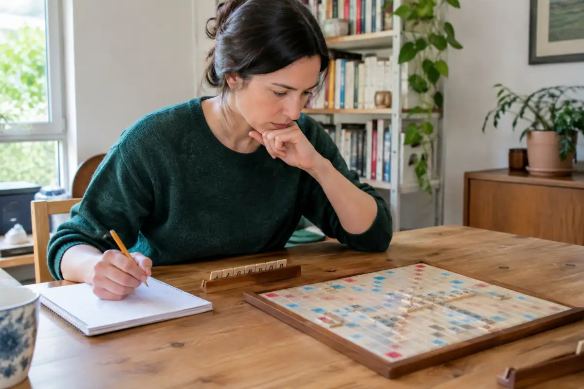 Une personne s’entraîne au Scrabble duplicate en étudiant une grille, ses sept lettres et le calcul des points.