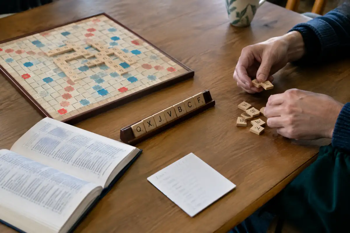 Joueur de Scrabble duplicate étudiant des mots courts et des lettres chères avec un chevalet, une grille et un dictionnaire de référence.