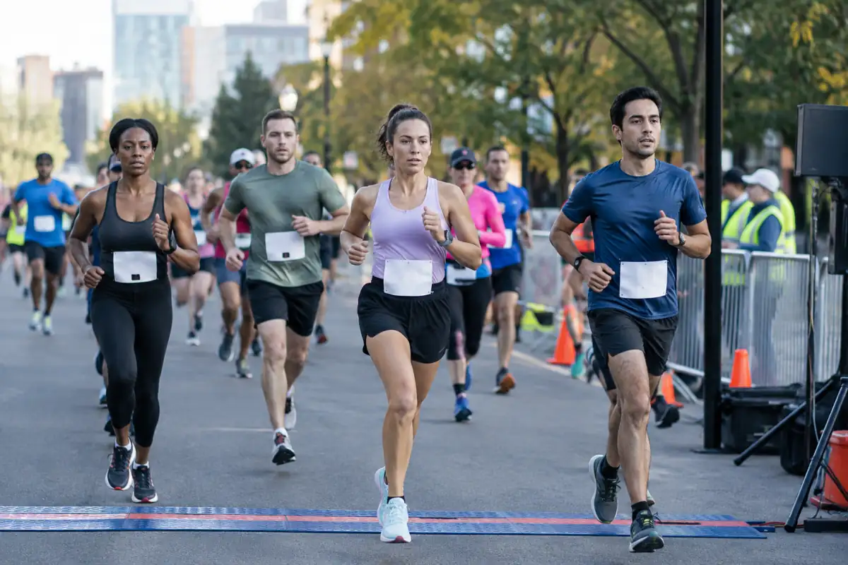 Des coureurs franchissent le tapis électronique au départ d’un semi-marathon, sous la surveillance des officiels et des barrières de course.