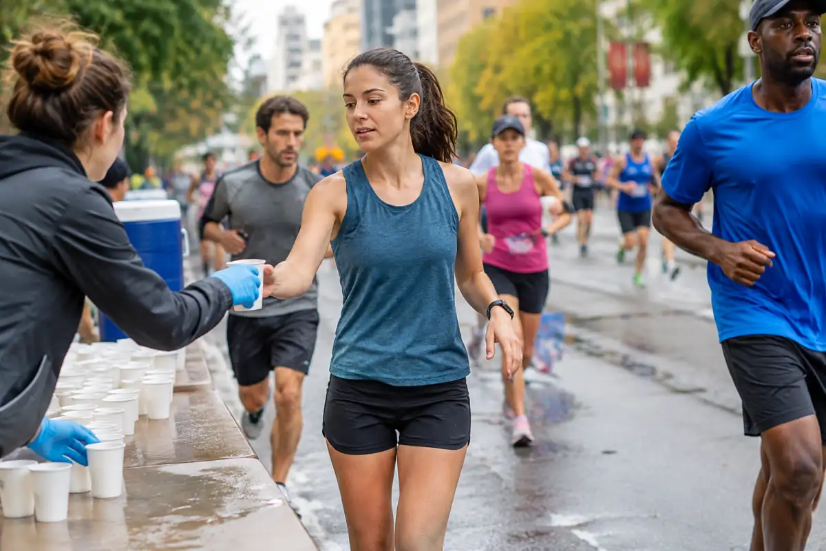 Coureur ralentissant pour prendre un gobelet d’eau à une table de ravitaillement pendant un semi-marathon.